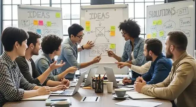 Team collaborating on project planning with whiteboard